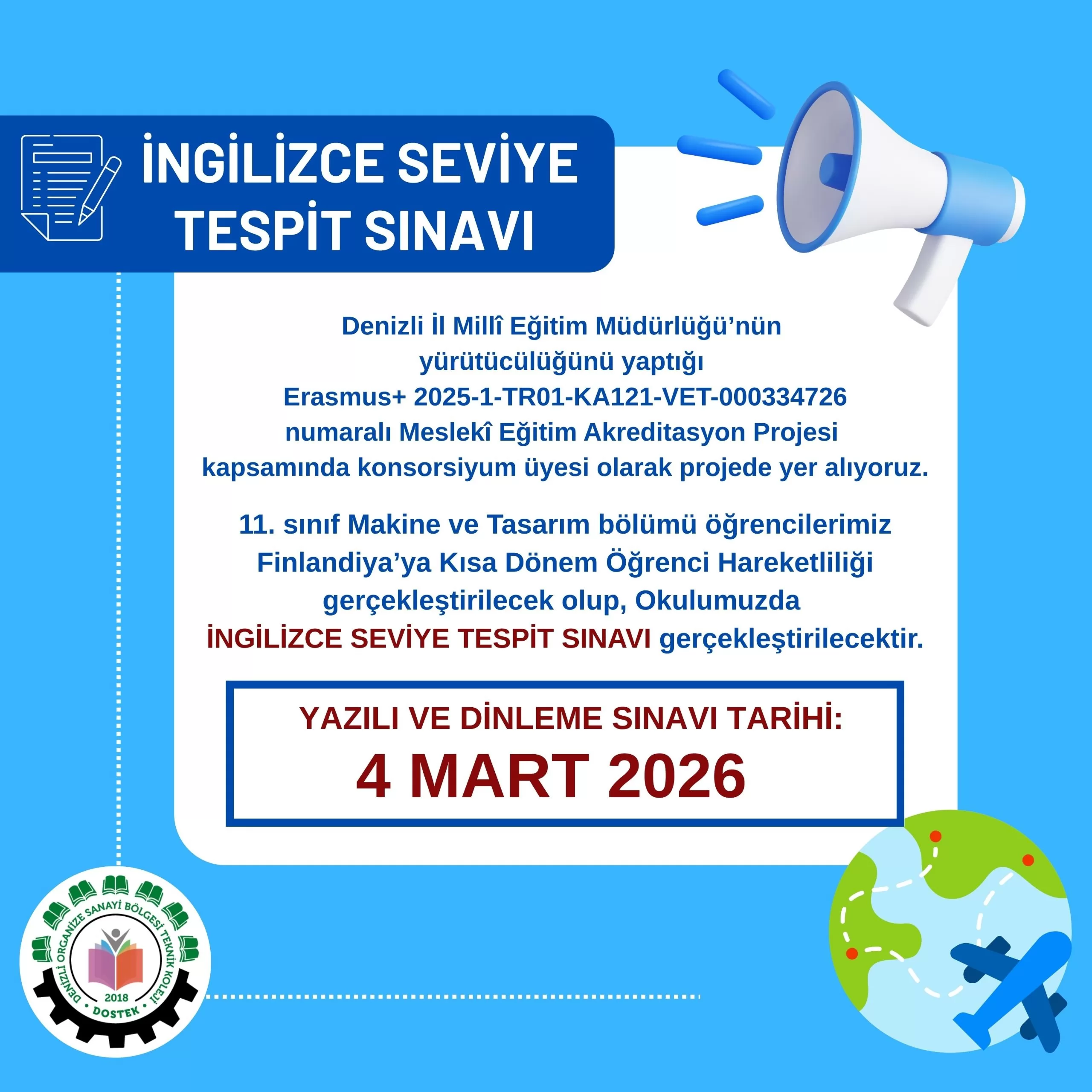 Erasmus Programı İngilizce Seviye Belirleme Sınavı Duyurusu