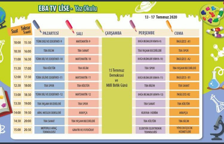 Eba Tv Yaz Okulu 13- 17 Temmuz Haftalık Programı